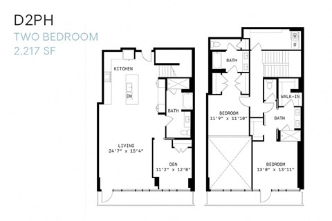 Floor plan for 2 beds, 3 baths, 2217 sqft